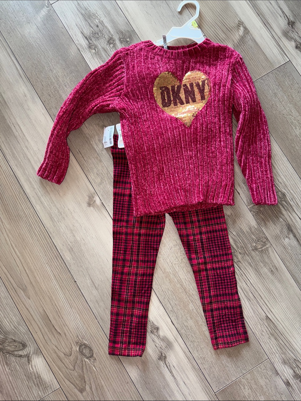 DKNY Girls Pink Ribbed Sweater with Gold Sequin Heart & Pink Plaid Leggings